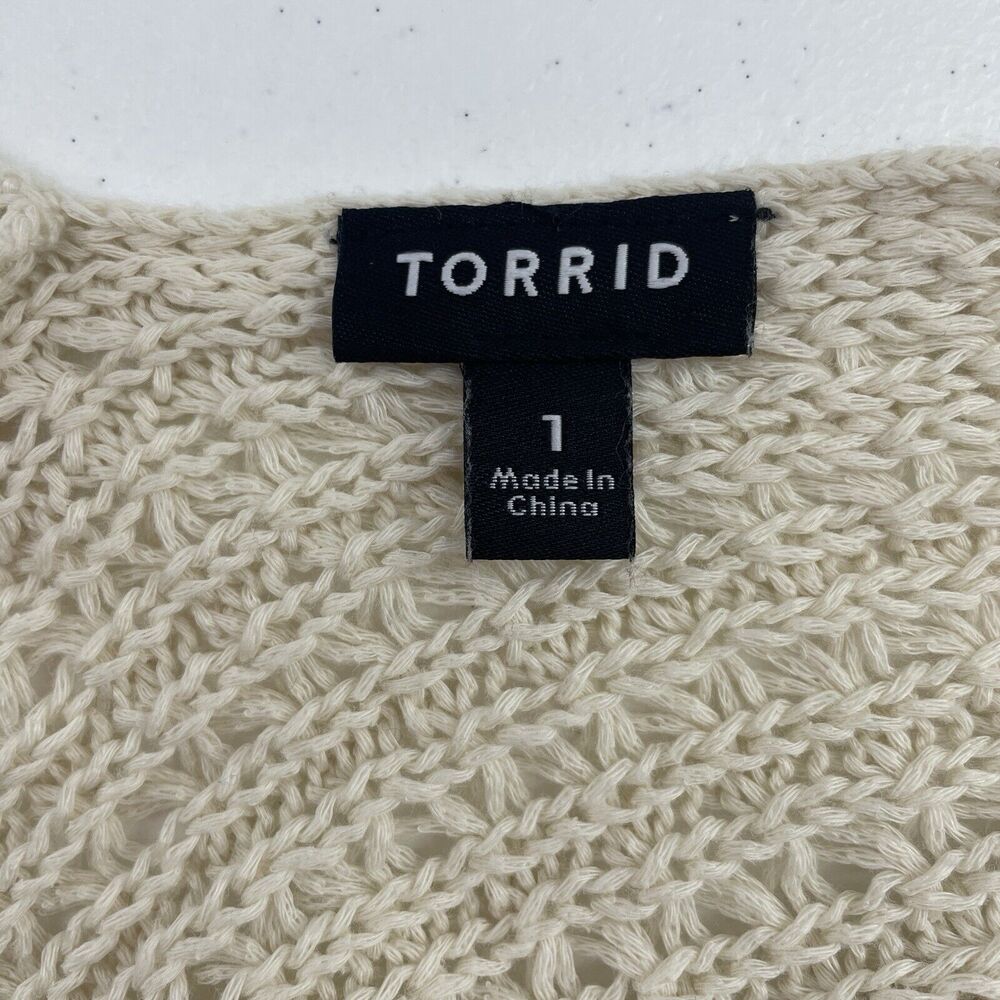 Torrid Sz 1X Cardigan Sweater Open Front Open Knit Fringe Oversized Boho Beige - Picture 7 of 10